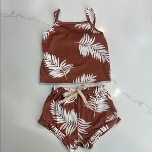 Brown and White Leaf Print Tank and Shorts Set